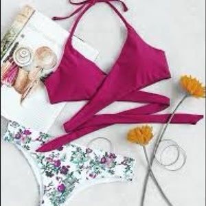ROMWE Magenta Wrap Bikini Set With Floral Bottoms